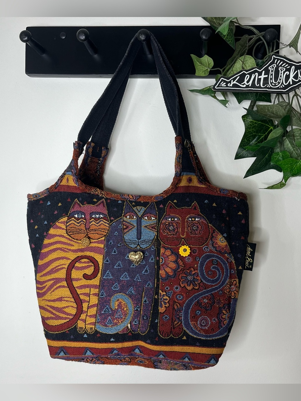 Vintage Laurel Burch Colorful Cat Tapestry Shoulder Bag Purse